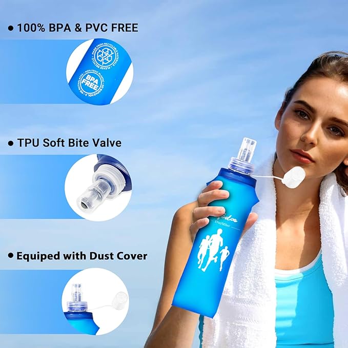 Qidoe 2 Pack Running Vest Soft Flask, 17oz/500ml BPA-Free TPU Collapsible Soft Water Bottle for Hydration Pack, Running Vest, Folding Water Bottles for Hiking Cycling Climbing