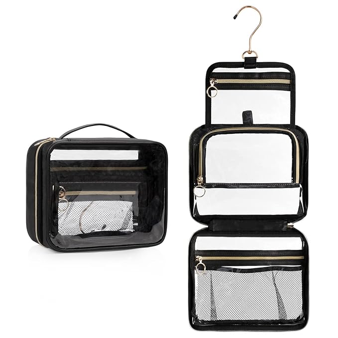 Toiletry Bag for Men, Clear Hanging Toiletries Bag for Travelling, Transparent Makeup Bag Organizer Portable Skincare Cosmetic Pouch for Women, 3 Compartment