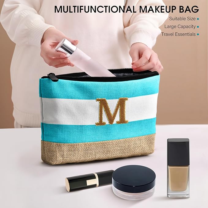 Becokan Beach Bag Initial Beach Tote with Makeup Bag for Travel Work Storage Personalized Birthday Gifts for Women Her