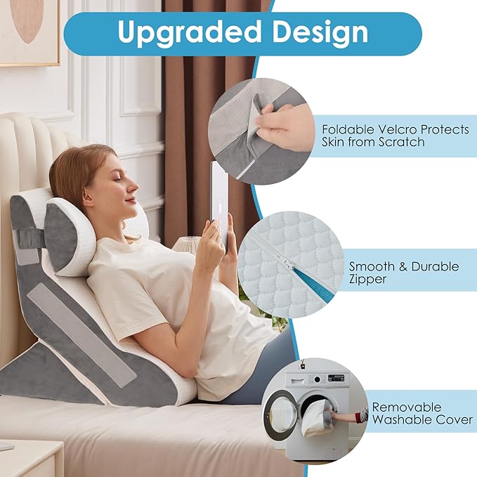 3PCS Bed Wedge Pillow for Headboard, Adjustable Wedge Pillow for Sleep Apnea, 23” Wide Triangle Pillow Wedge Set for After Surgery, Acid Reflux Relief, Snoring, Neck&Back Support, White/Grey
