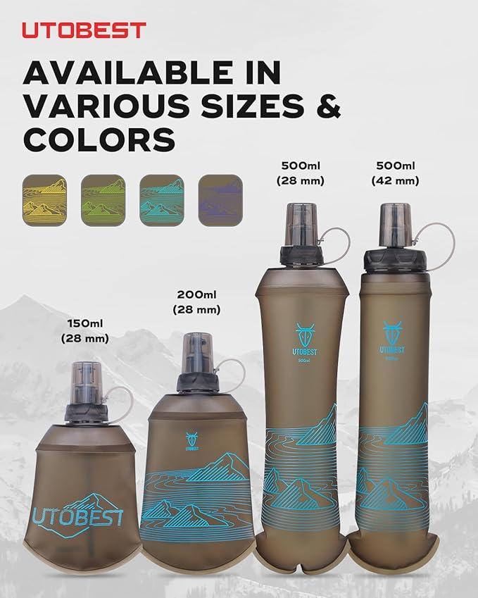UTOBEST 150ml Soft Flask, 2 Pack Flexible TPU Hydration Water Bottle, Collapsible with 28mm Caliber for Running, Hiking, Cycling, Climbing, and Marathon Blue