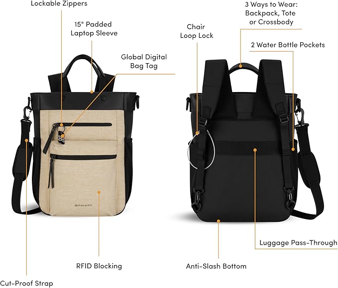 Sherpani Soleil, Anti Theft Convertible Backpack, 3 in 1 Tote Bag, Crossbody Bag, Cross Body Purse, 18L Travel Backpack, Travel Gifts for Women, RFID Protection, Fits 13” Laptop (Straw Lite)
