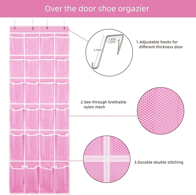 Hanging Shoe Organizer, Over The Door Shoe Organizer with 24 Breathable Mesh Pockets for Men Women Kids Hanging Shoe Storage Rack Organizer Size:58x21 Inch（Pink）