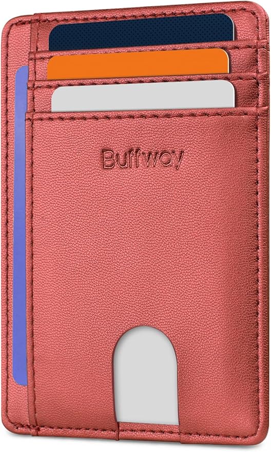 Buffway Slim Minimalist Front Pocket RFID Blocking Leather Wallets for Men and Women - Sand Rose Gold