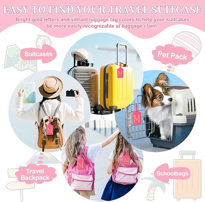Personalized Initial Luggage Tags for Suitcase, Rose Red Leather Cute Luggage Tags with Privacy Cover Name Card, Embroidered Custom Monogram Luggage Tags Travel Backpack Tag Gifts for Women Kids(M)