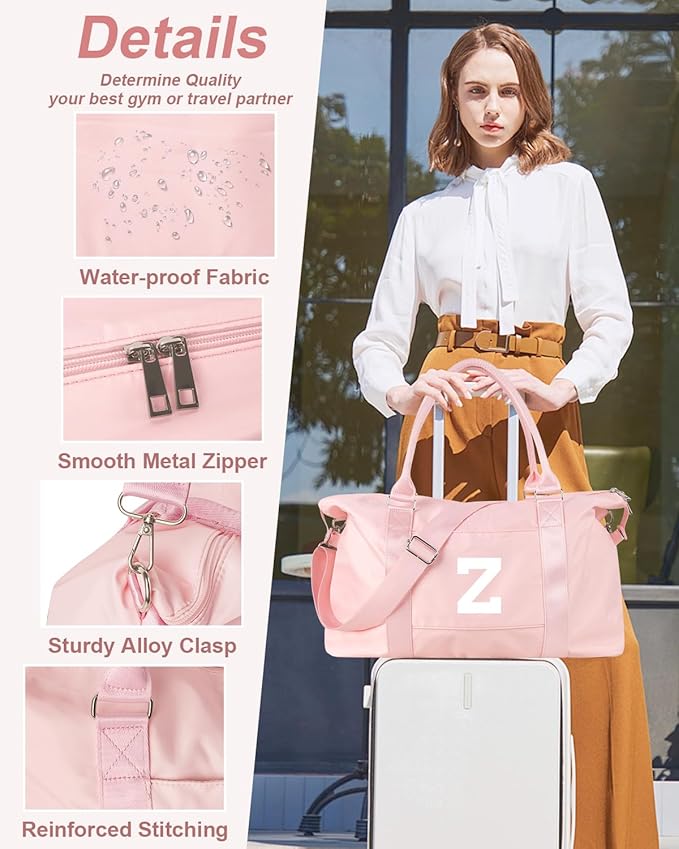 Initial Travel Duffel Bag Sports Gym Bag for Girls Teen Birthday Gifts,Pink Personalized Weekender Bag Carry On Tote Bags for Women Men,Waterproof Overnight Luggage Bag with Trolley Sleeve(Letter Z)