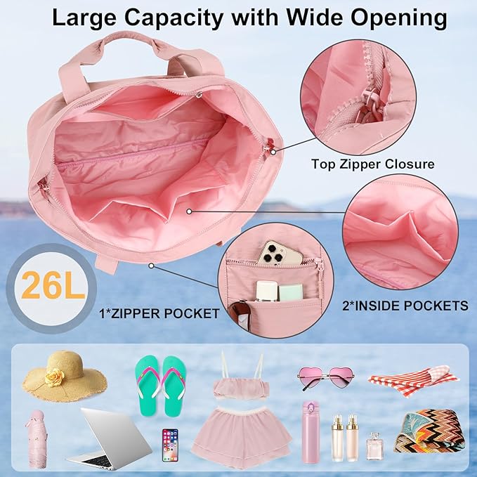 LEDAOU Beach Bags for Women, Beach Bags Waterproof Sandproof, Packable Beach Tote Bag with Zipper Travel Sports