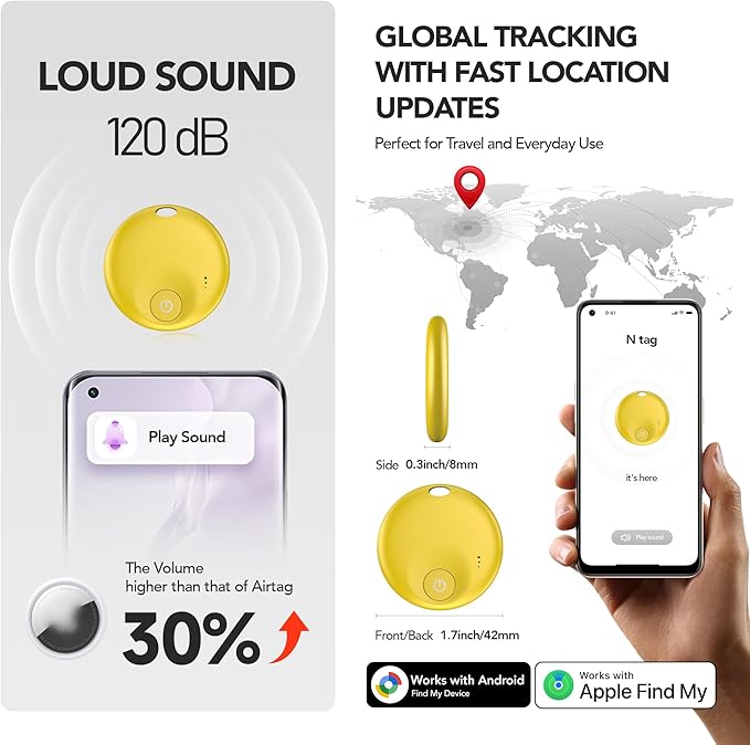 FindTag Duo - Dual System Tracker for iOS or Android, Bluetooth Tracking Tag/Key Finder/Luggage Tracker/Item Locator, Compatible with iOS Find My or Google Find Hub App (Yellow)