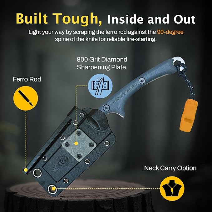 OUTDOOR ELEMENT Flicker Feather Knife - Right-Handed Survival EDC Chisel Blade for Camping, Hunting, Culinary Knives, and Bushcraft - Fixed Blade with Sheath, Firestarter, and Emergency Whistle