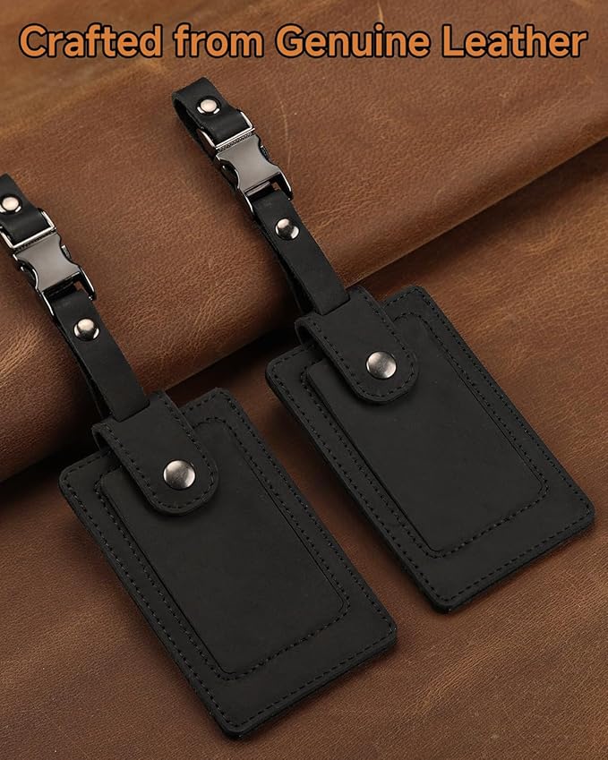 Premium Genuine Leather Luggage Tags for Suitcases - Quick Release, Privacy Protection, Elegant and Durable, Travel Essential Luggage Tag - 2 Pack Black