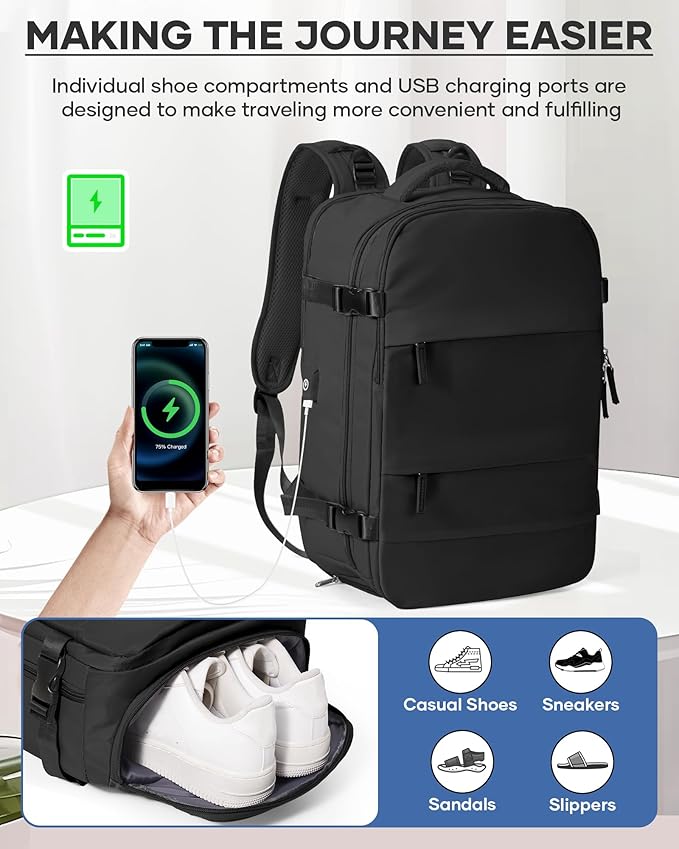 Vacuum Backpack Travel With Pump,Mochila De Viaje Compresion Al Vacio,Personal Item Travel Backpack With Vacuum System,Large Carry On Vacpack Backpacks For Women Men,Black