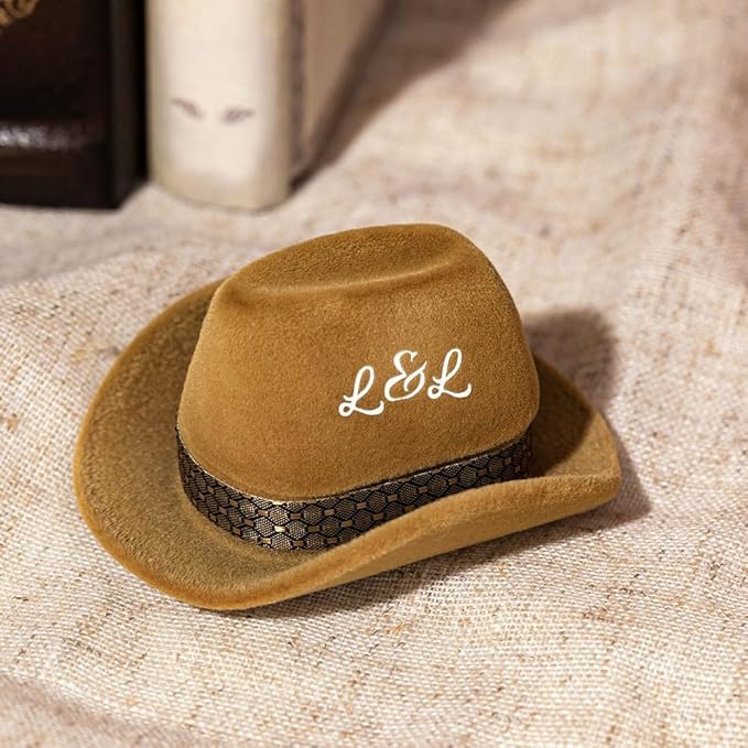 Custom Vintage Brown Cowboy Hat Jewelry Box - Decorative Ring Holder for Wedding and Engagement Rings - Elegant Storage Case and Gift for Western-Themed Ceremonies and Proposals