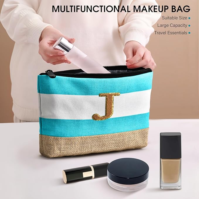 Becokan Beach Bag Initial Beach Tote with Makeup Bag for Travel Work Storage Personalized Birthday Gifts for Women Her
