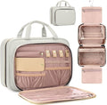 Toiletry Bag for Women with Jewelry Organizer Compartment, Travel Makeup Cosmetic Bag with Hanging Hook for Full-sized Toiletries, Shampoo - Beige