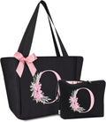 Vavabox Tote Bag, A-Z Initial Monogrammed Waterproof Tote Bag, Bridesmaid Gifts for Women, Black and Pink