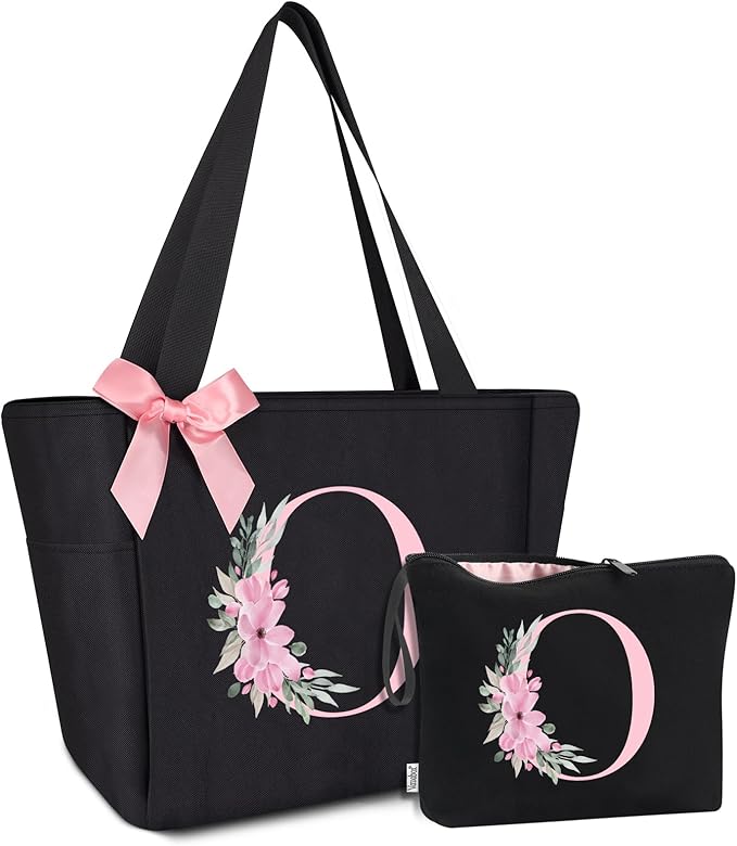 Vavabox Tote Bag, A-Z Initial Monogrammed Waterproof Tote Bag, Bridesmaid Gifts for Women, Black and Pink