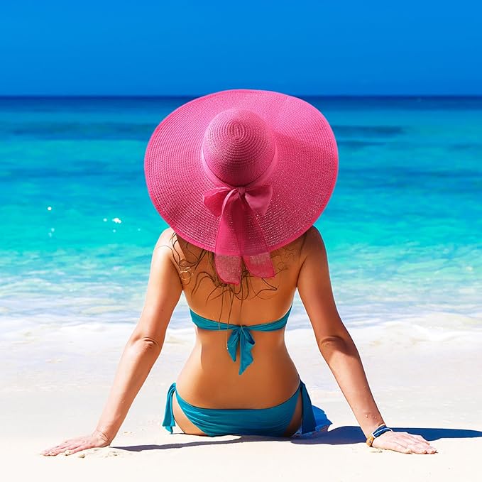DRESHOW Beach Hats for Women Big Straw Wide Brim Summer Hat Floppy Foldable Roll up Cap Sun Hat UPF 50+