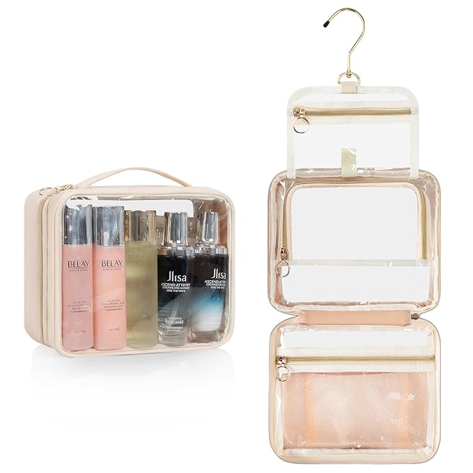 CUBETASTIC Clear Makeup Bags, Travel Make Up Organizer Storage Case, Hanging Toiletry Bag with Zipper Compartment, Small Travel Bag for Toiletries Portable Cosmetic Skincare Pouch with Handle
