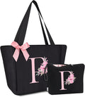 Vavabox Tote Bag, A-Z Initial Monogrammed Waterproof Tote Bag, Bridesmaid Gifts for Women, Black and Pink