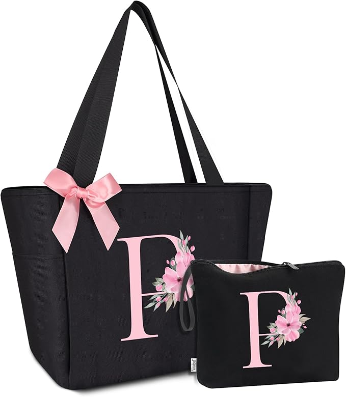 Vavabox Tote Bag, A-Z Initial Monogrammed Waterproof Tote Bag, Bridesmaid Gifts for Women, Black and Pink