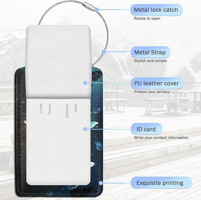Luggage Tags for Suitcase,Glowing Butterfly Flying Luggage Tags of Set 2 Leather Identifiers Privacy Cover with Stainless Steel Loop for Women Men Travel Bag Suitcase