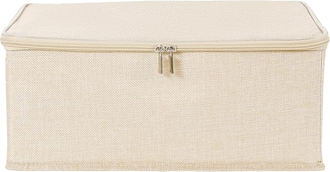 ANMINY 2PCS Storage Bins with Zipper Lids 13 Qt Lidded Fabric Storage Boxes Baskets Cubes with Handles Collapsible Washable Cotton Linen Closet Shelf Clothes Organizer Containers - Beige, Small