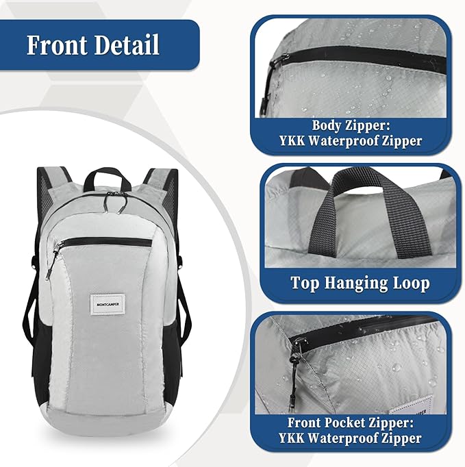 Hiking Daypack - Lightweight & Water-Resistant Portable Backpack for Travel, Camping, Outdoor Adventures(16L, grey)