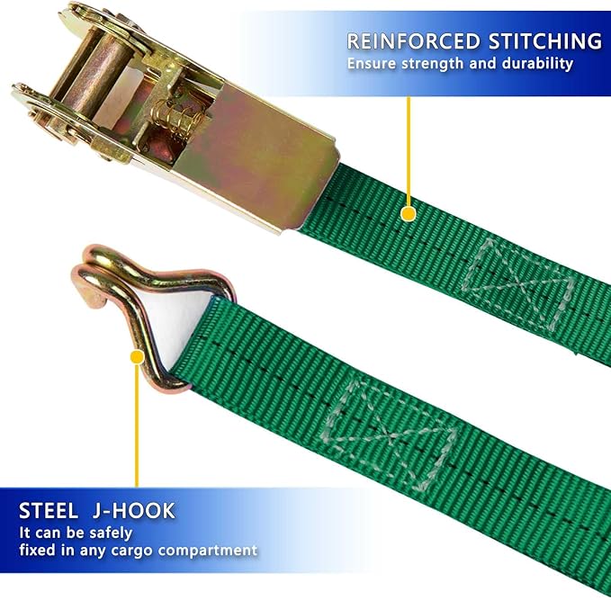 Ratchet Straps (4-Pack), 1 Inch x 16.4 Feet (2200lb Break Strength) with Sturdy Metal Hooks, 1x Work Gloves, Heavy Duty Tie Down Straps for Truck, Cargo Trailer, Motorcycle, Luggage, Moving (Green)