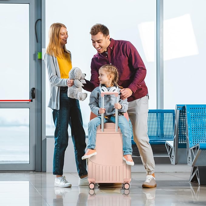 20 Inch Carry On TSA Lock Luggage for Kids& Adult,Lockable Spinner Wheels Free Luggage Cover and Safety Seatbelt Travel Suitcase (Carry-On TSA Luggage with Child Seat Pink)