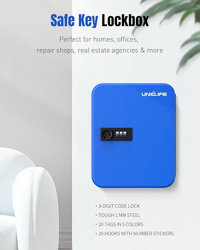 Uniclife 20 Keys Key Lock Box with Code, Wall Mount Lock Box for Keys with Code, Key Organizer with Tags, Key Cabinet, Key Storage Box for Home Office & Company, Blue