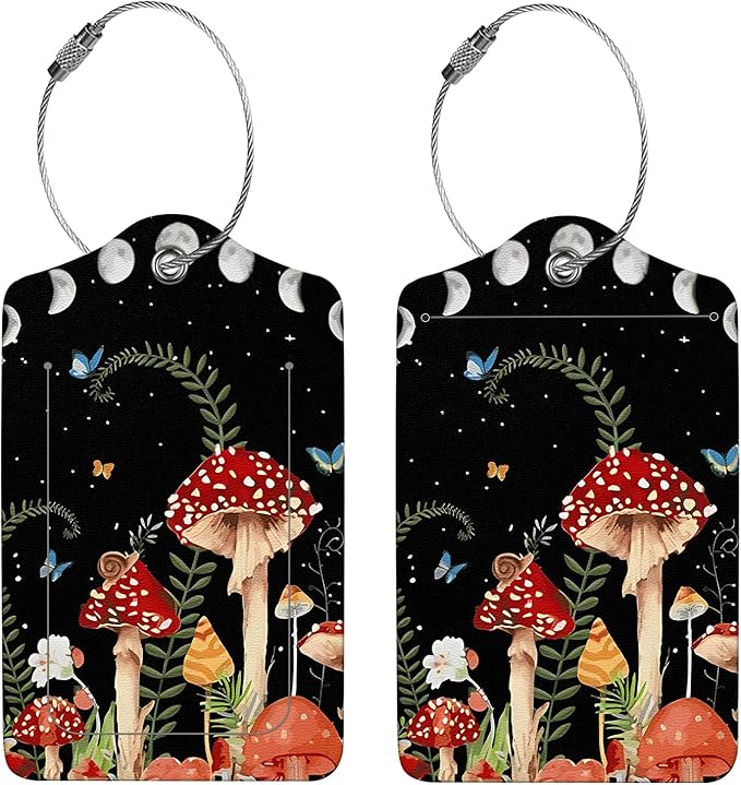 2 Pcs Luggage Tags for Suitcases,PU Leather Cruise Ship Luggage Tags with Privacy Cover Label Address Card and Durable Metal Ring Suitable for Men Women,Handbags Backpacks,Mushrooms Under The Stars