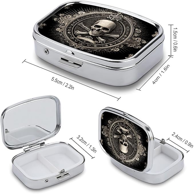 Metal 2 Compartment Pill Organizer Travel Friendly Portable Compact Pill Box Cute Pill Case,for Pocket Wallets Daily Portable Medicine Vitamin Tablet Storage (Skull)