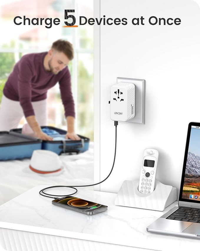 LENCENT Universal Travel Adapter, 100W GaN International Fast Charger with 2 PD3.0 Type C+2 QC USB A, Worldwide Power Adaptor for Phones,Laptops, All in One Travel Essentials for EU/USA/UK/AU, White