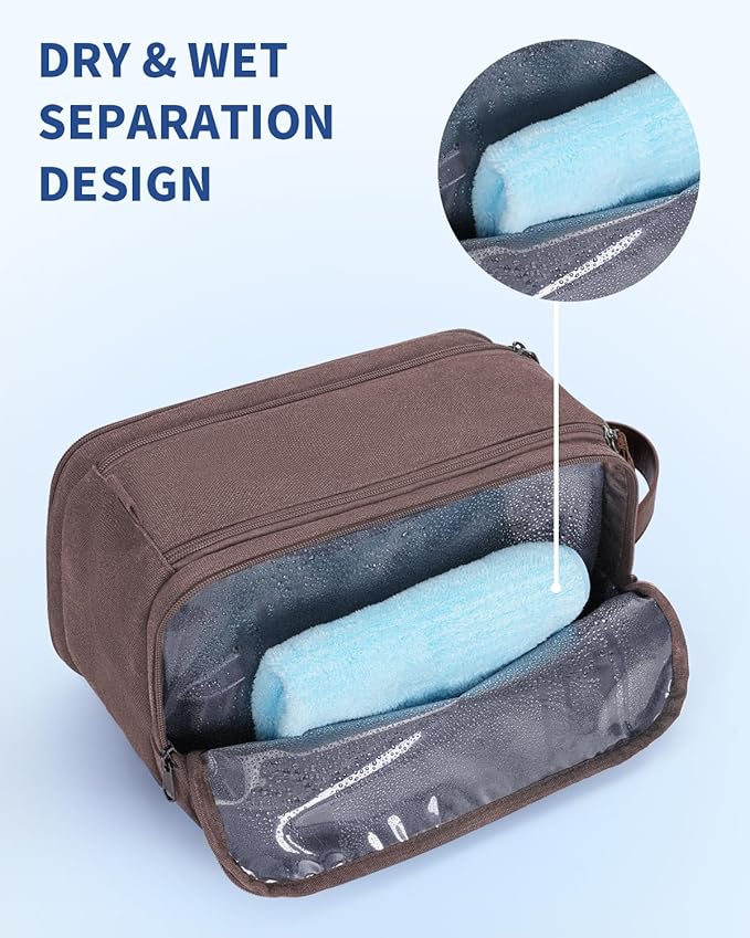 WANDF Toiletry Bag for Men Travel Toiletry Organizer Canvas and Leather Dopp Kit Water-Resistant Shaving Bag for Travel Accessories (Brown, Large)
