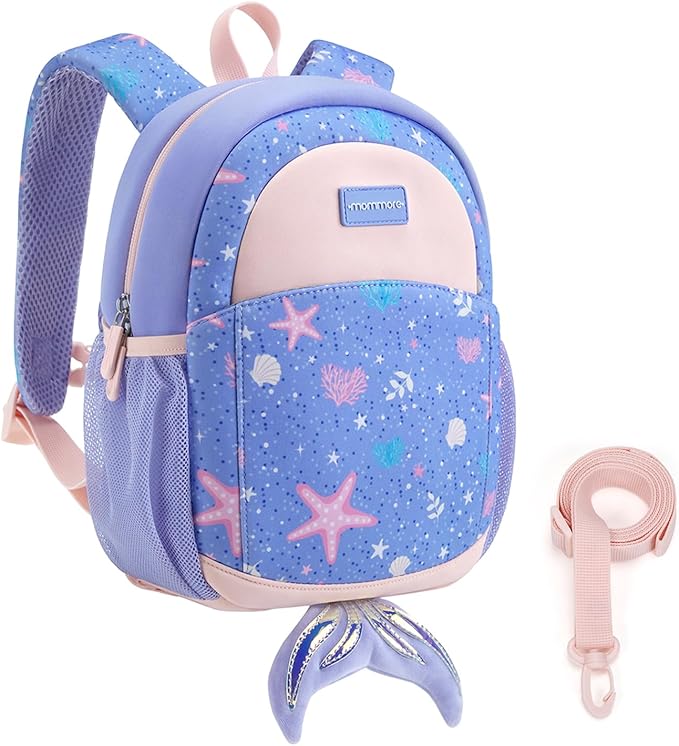 mommore Toddler Backpack for Girls 2-4 Neoprene Backpack with Kids Leash, 3D Cartoon Preschool Kindergarten Bookbag for Pre-k, Mermaid