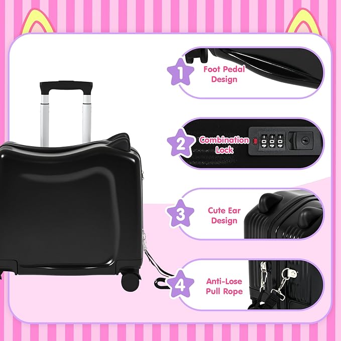 smilesun 20" Ride-On Travel Suitcase for Kids, Cute Ear Toddler Carry on Luggage with Spinner Wheels, Children Rolling Trolly Luggage with Combination Lock (Coal Black with Rope)
