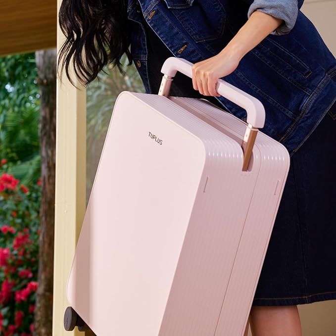 TUPLUS 24” Checked Hardside Luggage Lightweight ABS Travel Suitcase with Wide Handle Spinner Wheels TSA Combination Lock, Balance Series 2.0, Sakura Pink
