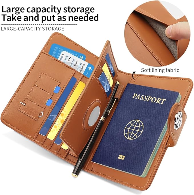 Passport Holder Wallet Bag with AirTag Holder, Card Slots Passport Solt Ticket Cash Solt, Photo Solt Sim Card Pen Slot.Brown