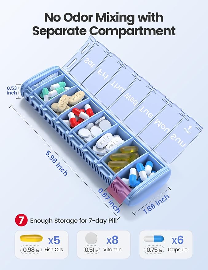 Vaydeer Metal Travel Pill Organizer, 7 Day Weekly Pill Box, Large Capacity Daily Cute Pill Case for Supplements, Pills, Vitamins and Medication (Small,Sliver)