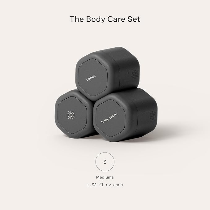 Cadence Travel Containers - Body Care Capsule Set - Magnetic Containers with Lids,Carry On Travel Essentials for Women/Men - 3 Flex Mediums (1.32oz) - Body Wash, Lotion & Sun Icon Labels - Charcoal