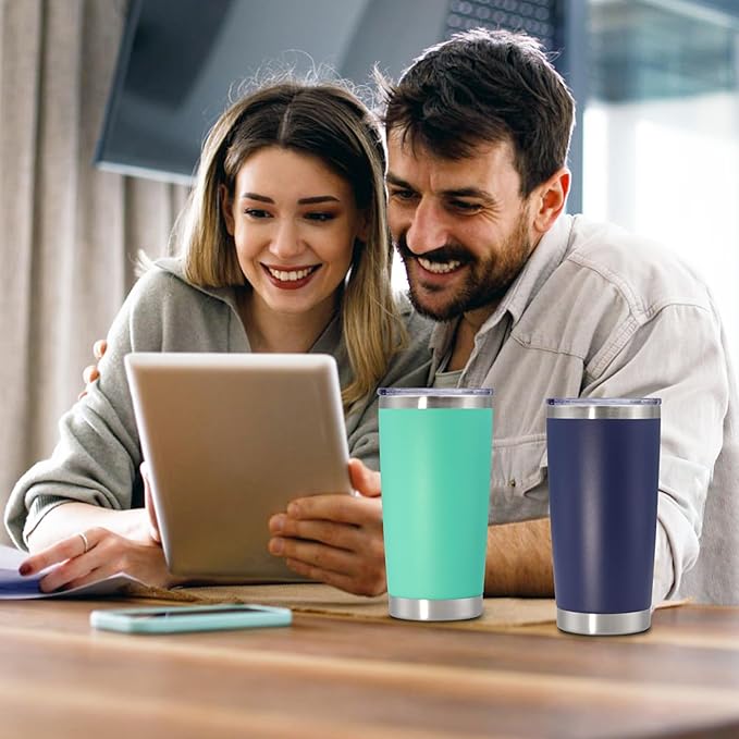 20 oz Tumbler with lid Double Wall Vacuum Insulated Tumblers Stainless Steel Coffee Mug Travel Coffee Tumbler Powder Coated Tumbler Cup Keep Hot&Cold - (Light Blue 6 Pack)