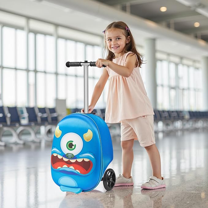 VEVOR Ride-on Luggage, 20 L Capacity, 20 Inches Kids Scooter Suitcase with Flash PU Wheels, Adjustable Handle & TPR Non-Slip Grip, Foldable & Lightweight Scooter Luggage for Kids Aged 5+, Blue