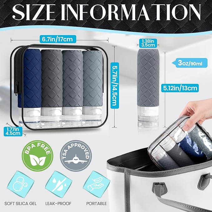 Travel Bottles for Toiletries, TSA Approved Silicone Travel Size Containers for Toiletries, BPA Free Leak Proof Refillable Essentials Accessories, Shampoo and Conditioner Bottles (Navy Blue)