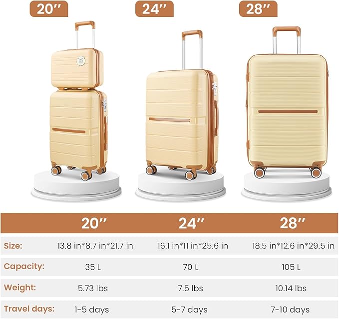 Campfun Luggage Sets 4 Piece, Expandable Carry On Luggage Set Hardshell PP, Suitcase Set with Double Spinner Wheels, Checked Durable Lightweight with TSA Lock, 14/20/24/28in, Khaki Brown(A)
