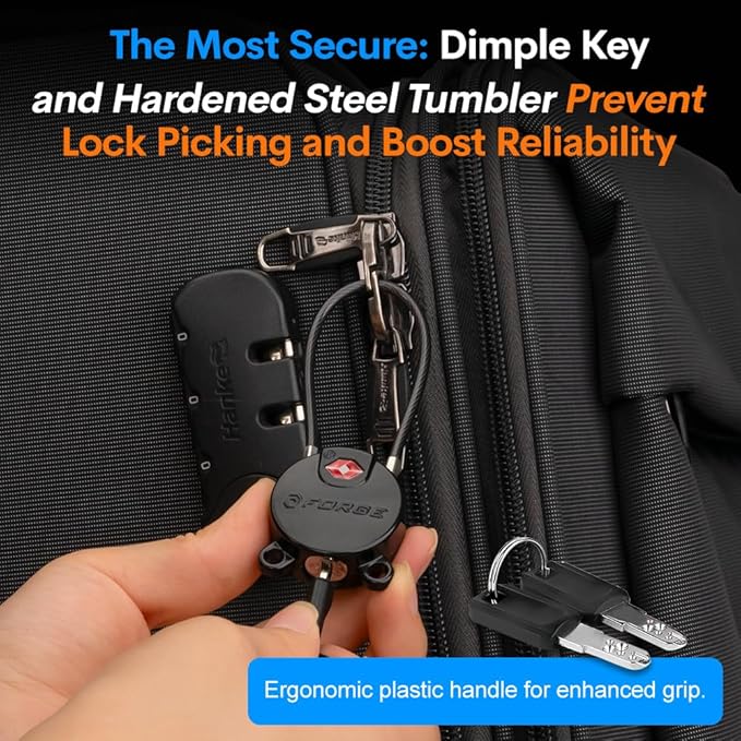 Forge TSA Approved Luggage Locks Ultra-Secure Dimple Key Travel Cable Locks with Zinc Alloy Body- 4 Locks, Black, Blue, red, Green.