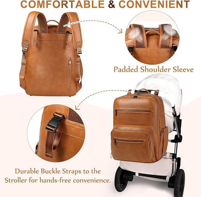 VASCHY Diaper Bag Backpack for Mum Dad, Unisex Large Waterproof Vegan Leather Baby Bag with Changing Pad,Insulated Pockets,Padded Laptop Sleeve for Travel,Brown