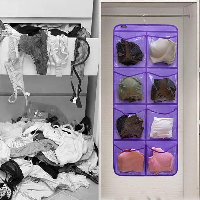 Dual-Sided Hanging Closet Organizer for Socks Underwear Bra Kids Storage Organizer for Baby Clothes Toddler Shoes with 26 Pockets (Purple-Clear Pockets)