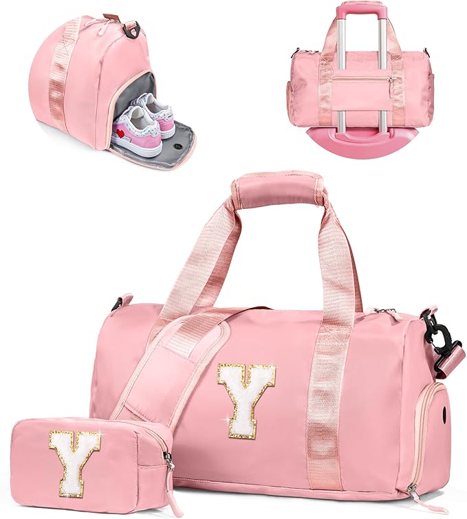 Christmas Gifts for Kids-Girl Gym Bag with Shoe Compartment, Kid Personalized Weekender Overnight Bags, Initial Travel Tote with Makeup Pouch, Graduation Gift for Girls (Letter Y)