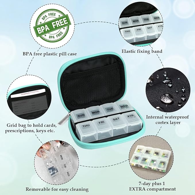 Serfeymi Weekly Travel Pill Organizer Pill Case for Purse with Removable 7 Day Pill Box, Fashionable Travel Medicine Organizer Pill Container for Medicine, Vitamin, Supplement - Bloom 01 + Green 01