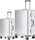 Metal all aluminum carry-on suitcase 20 "hard face, TSA lock and rotating wheel zippered luggage set (silvery, 2Piece(20/28))